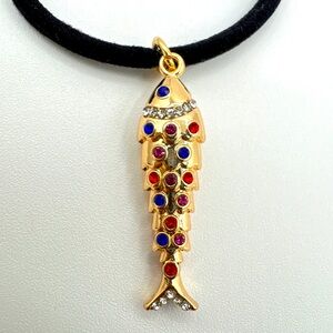 Gold Fish Rhinestone Charm on Black Hair Tie New